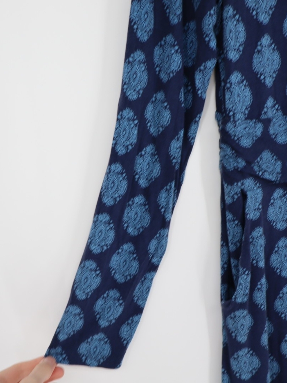 Boden Abigail Jersey Dress 14R Navy Blue Paisley Long Sleeve Pockets A-Line - Picture 9 of 15
